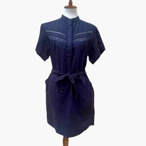 Outerknown Lace Trim Linen Blend Belted Button Shirt Dress Navy Women's XS NEW